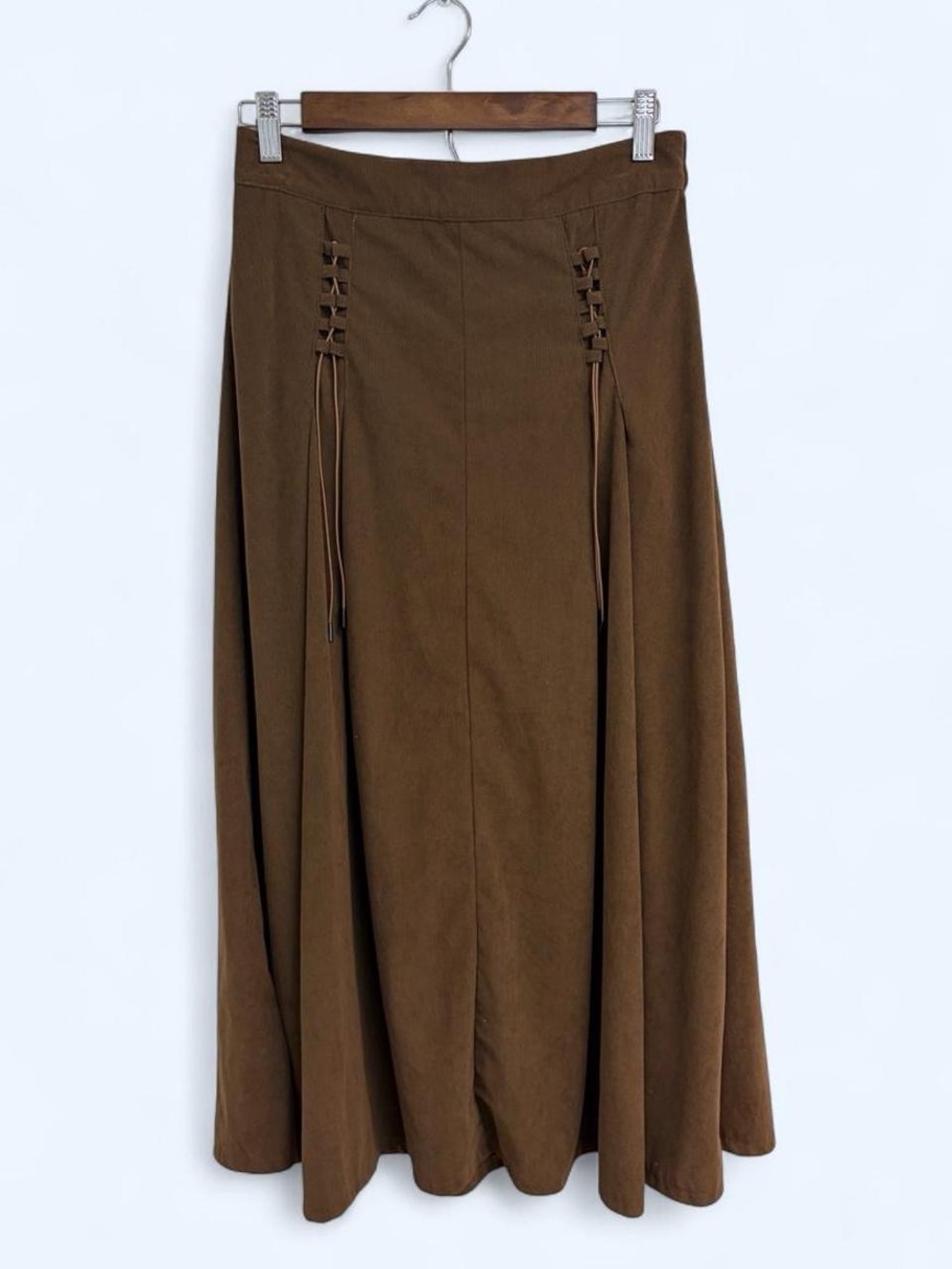 Women's Brown A-Line Maxi Skirt Lace up front detail ren faire boho hippie